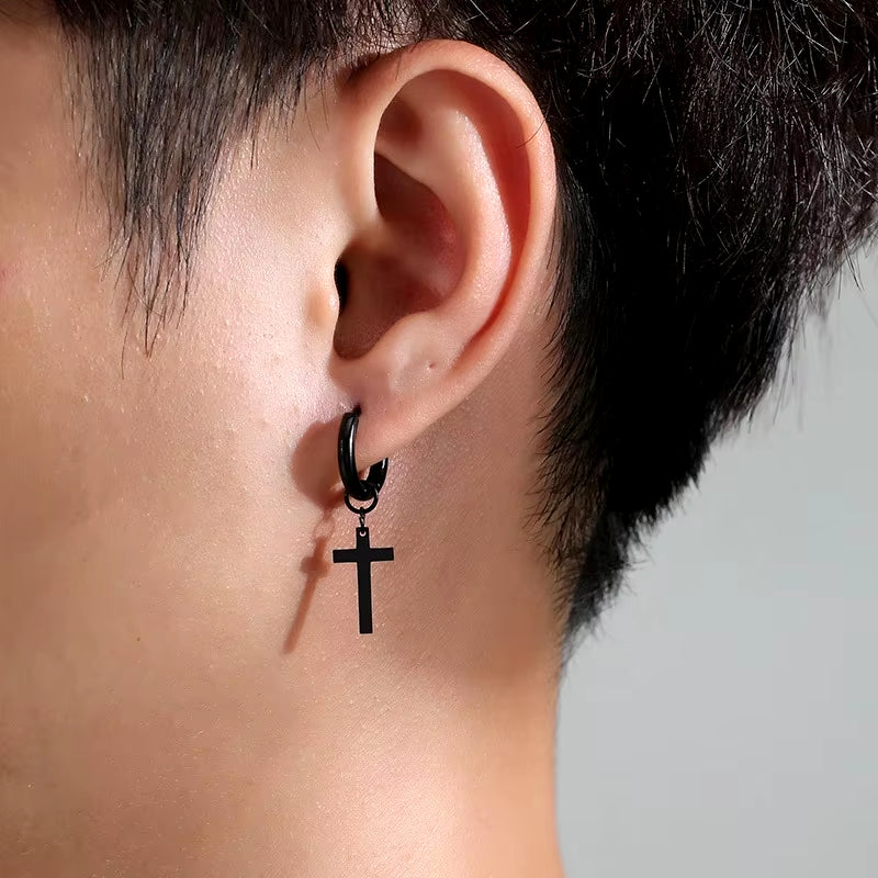 2 Pieces Punk Hoops Earrings for Men Black Stainless Steel Basic Geometric Ear Jewelry Gothic Hiphop Male Cool Earring