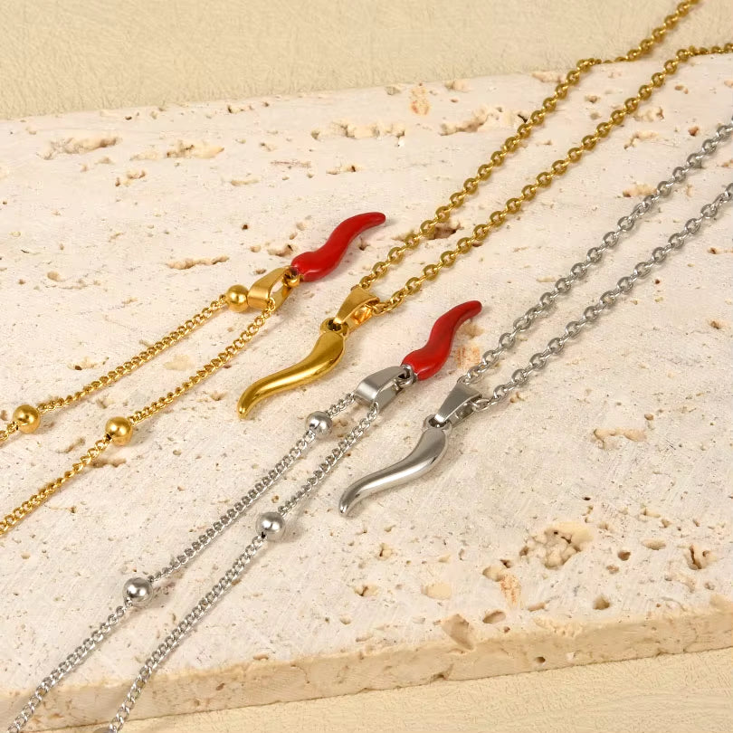 1Pc Stainless Steel Women Italian Lucky Horn Chili Pendant Necklaces Personality Red Hot Pepper Men Grunge Collares Jewelry