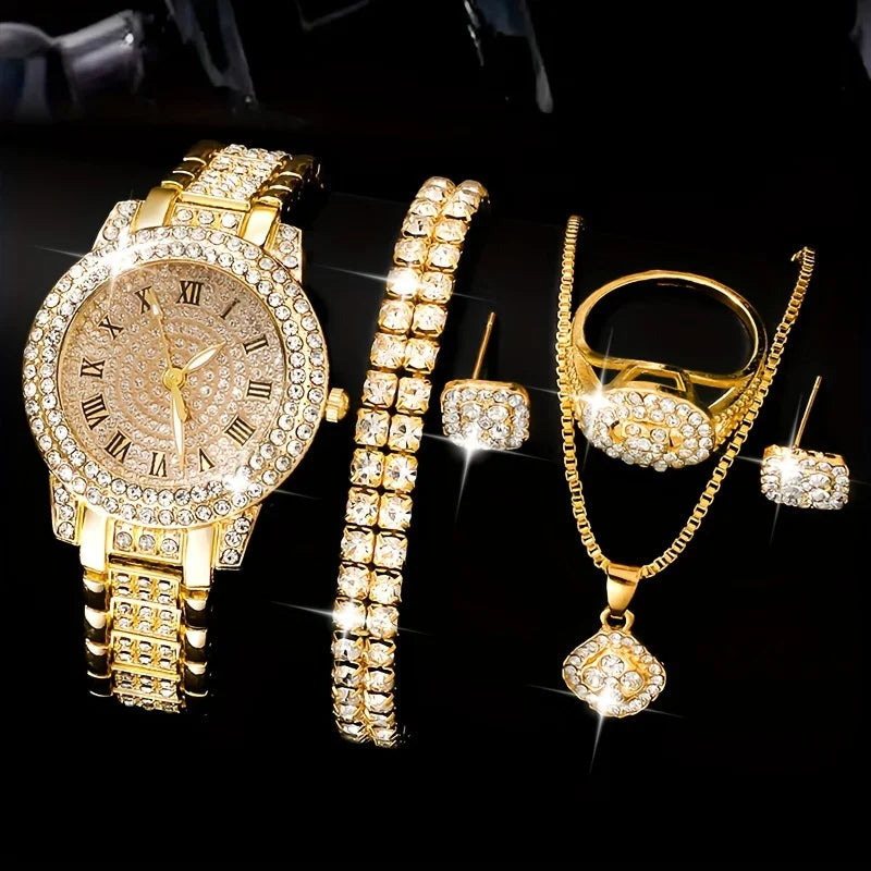 6Pcs/Set Women'S Watch Luxury Rhinestone Quartz Watch Hiphop Fashion Analog Wrist Watch & Jewelry Set, Gift for Mom Her