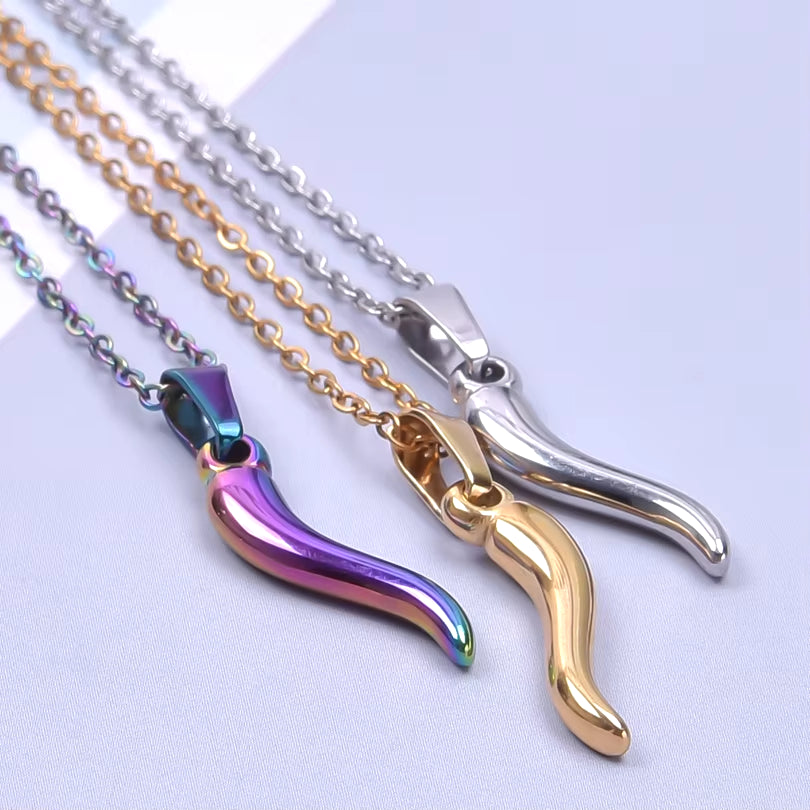 1Pc Stainless Steel Women Italian Lucky Horn Chili Pendant Necklaces Personality Red Hot Pepper Men Grunge Collares Jewelry