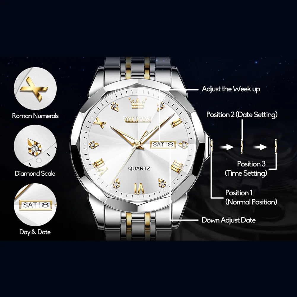 Luxury Silver Watches for Men Gold and Silver Stainless Steel Large Face Men Watch with Day Date Dress Waterproof Classic Diamond Men'S Wrist Watches Fashion Luminous