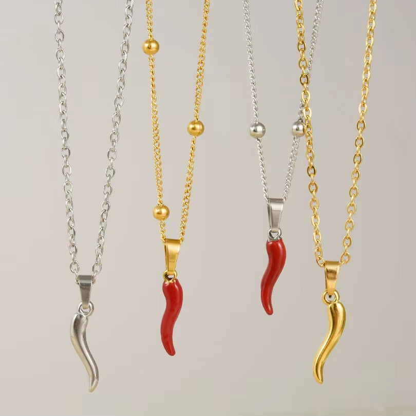 1Pc Stainless Steel Women Italian Lucky Horn Chili Pendant Necklaces Personality Red Hot Pepper Men Grunge Collares Jewelry