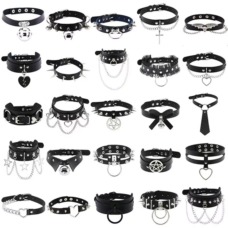 1Pc Harajuku Sexy Heart Rivets PU Leather Black Goth Punk Choker for Y2K Girls DIY Goth Star Pentagram Chunky Necklaces Jewelry