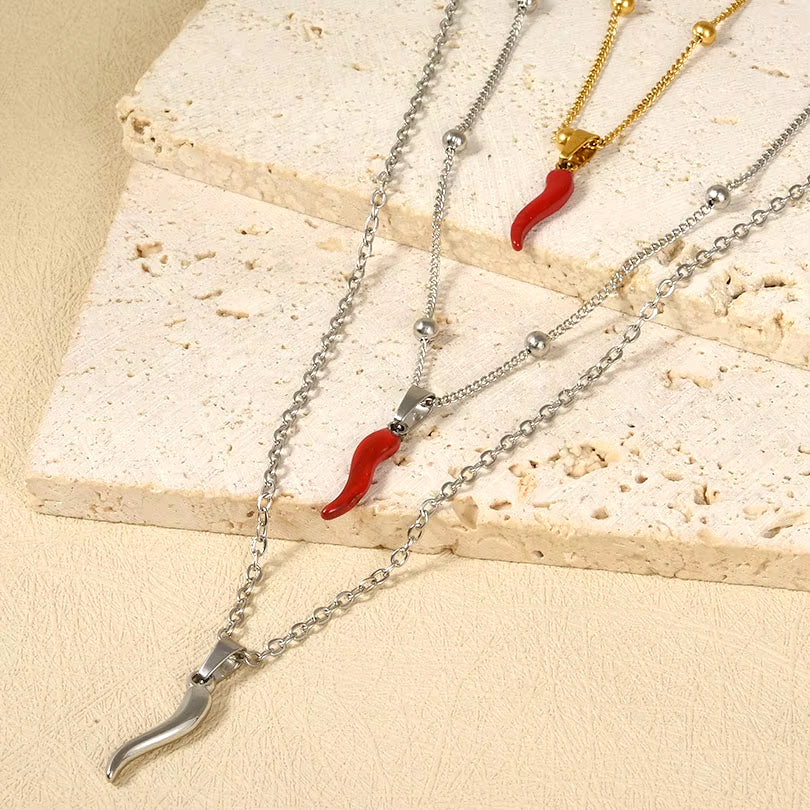 1Pc Stainless Steel Women Italian Lucky Horn Chili Pendant Necklaces Personality Red Hot Pepper Men Grunge Collares Jewelry